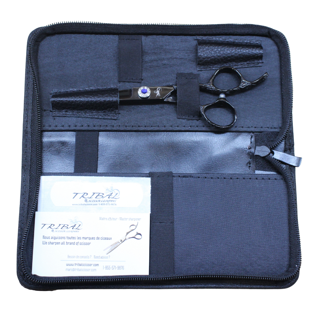 Tribal Ultra-Cut Blues black cutting scissors in carrying case