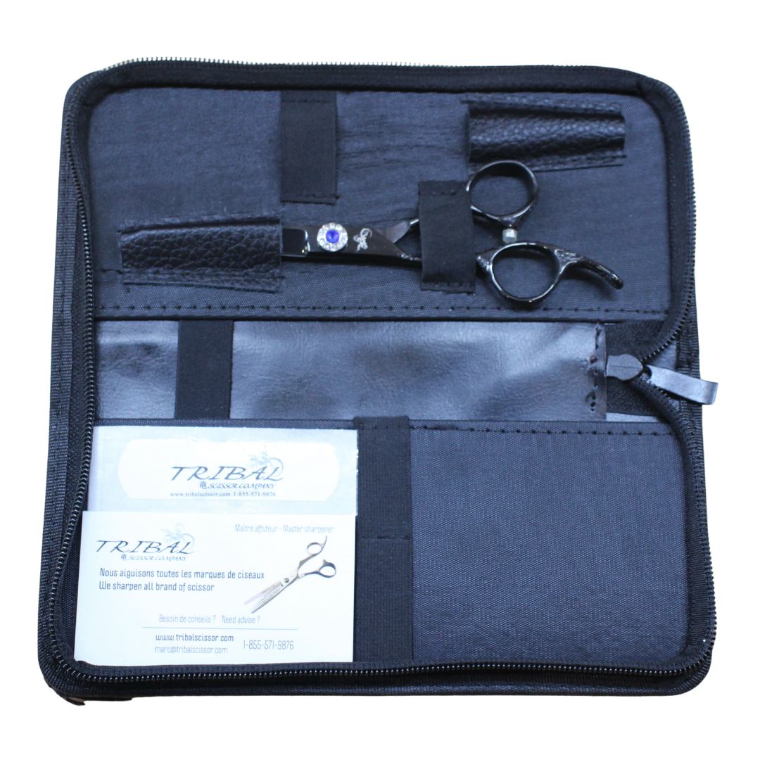 Tribal Ultra-Cut Blues black left-handed scissors in carrying case