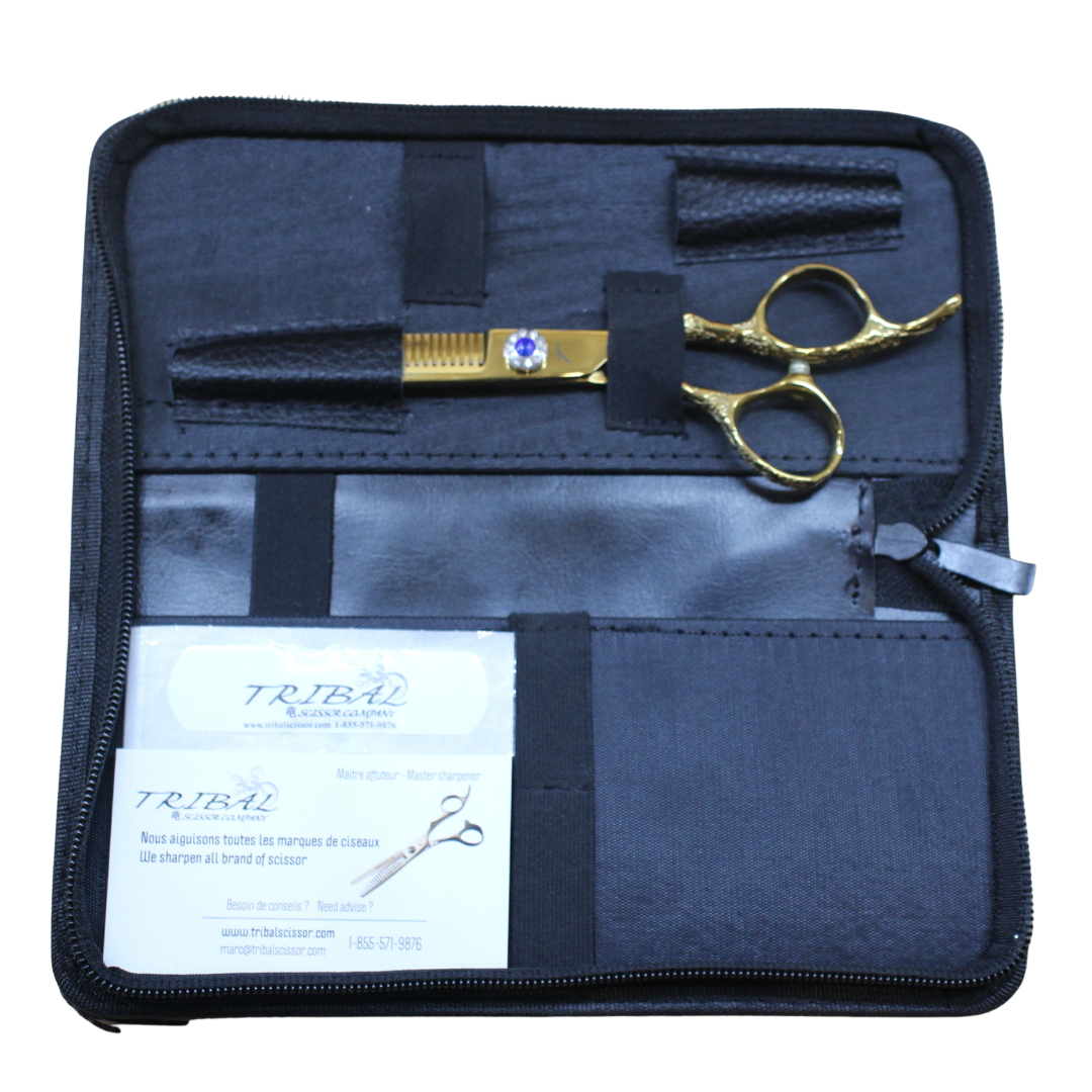 Tribal Ultra-Cut Blues gold thinning scissors in carrying case