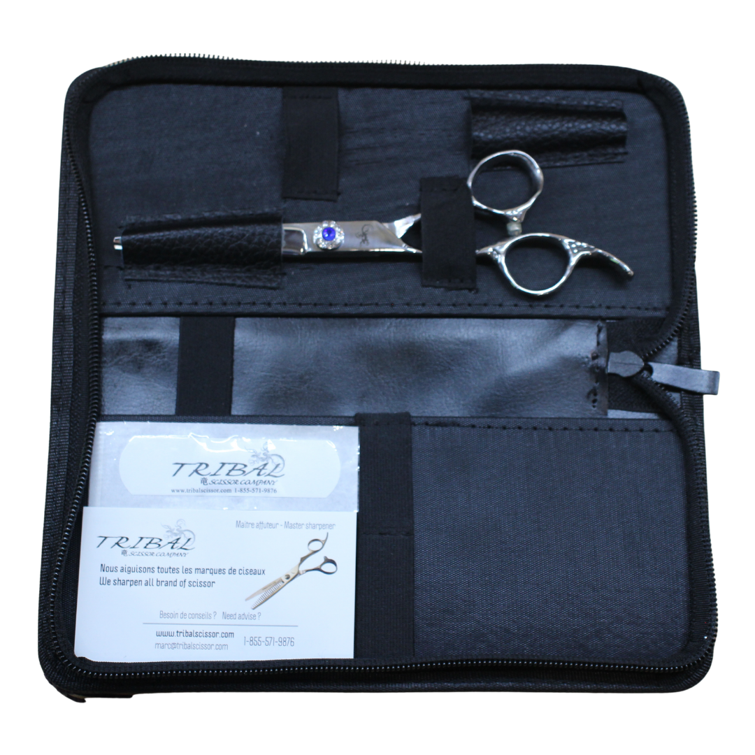 Tribal Ultra-Cut Blues silver left-handed scissors in carrying case