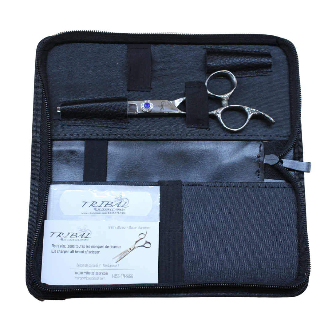 Tribal Ultra-Cut Blues silver left-handed thinning shears in carrying case