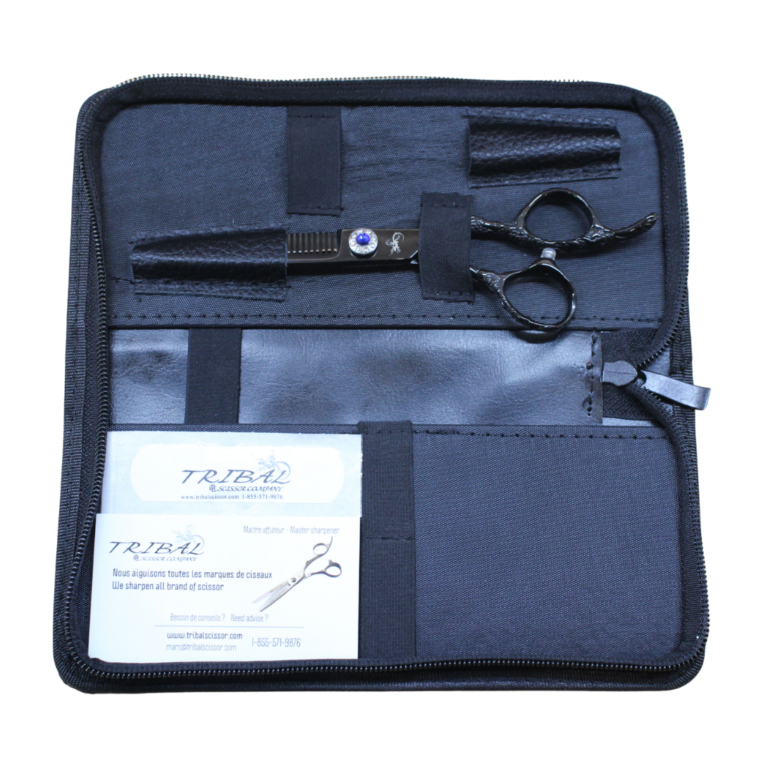 Tribal Ultra-Cut Blues black thinning scissors in carrying case