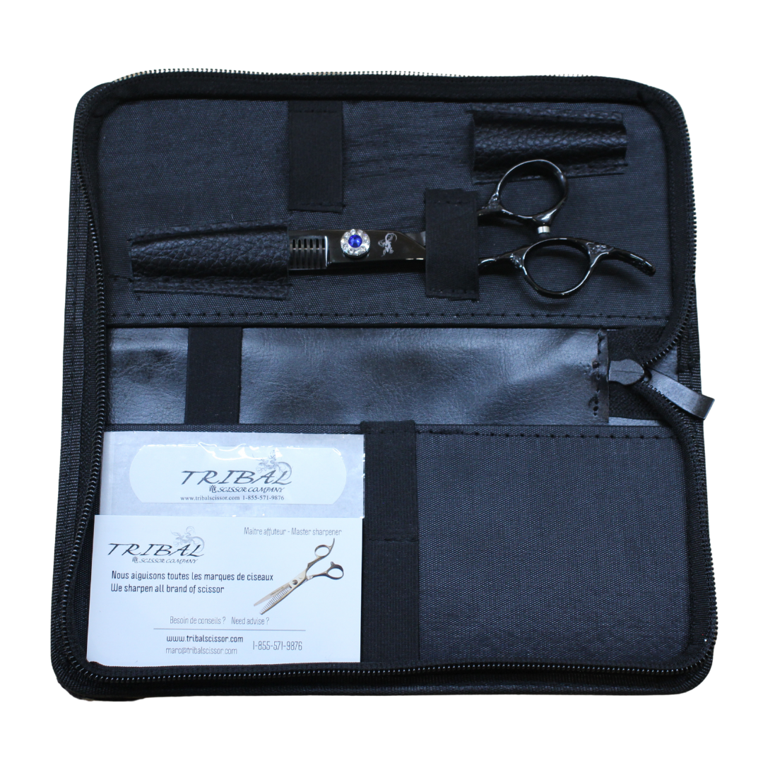 Tribal Ultra-Cut Blues black left-handed thinning shears in carrying case