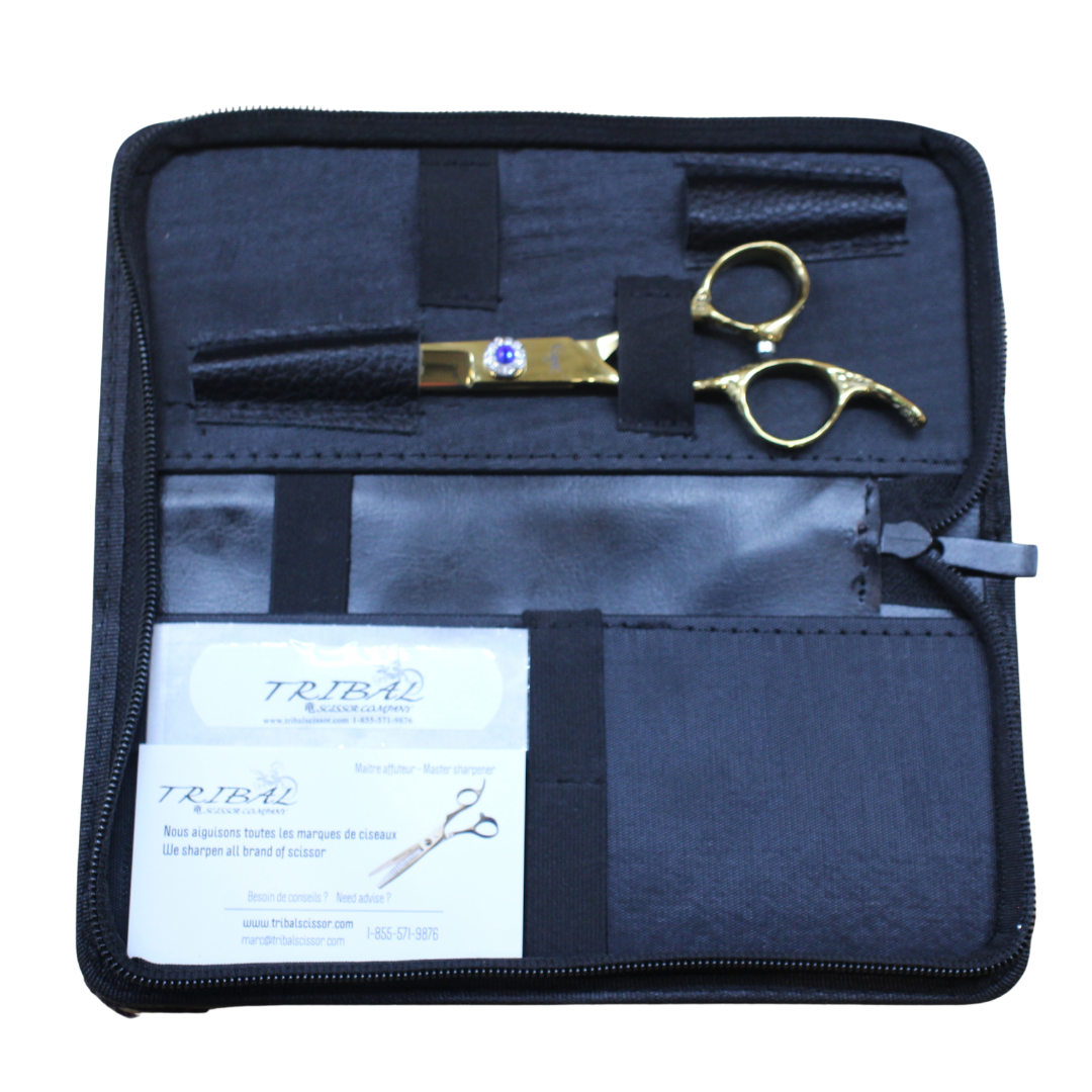 Tribal Ultra-Cut Blues gold left-handed thinning scissors in carrying case