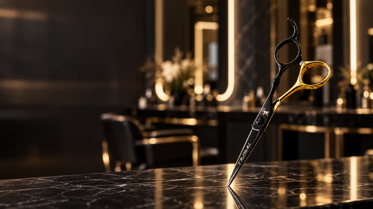 Tribal black and gold professional hair scissors in a luxury salon